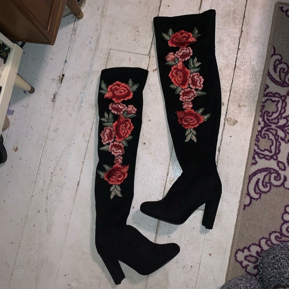 Over the Knee Rose Embroidered Patch Boots